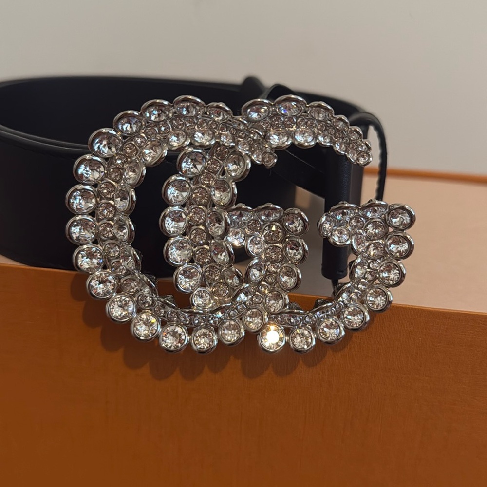 Gucci GG Logo Leather Belt With Crystals large GG